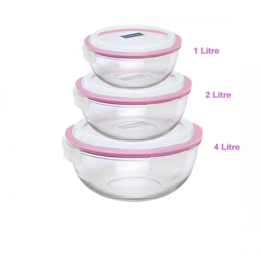 Glasslock Kilitli Sızdırmaz Kapaklı Yuvarlak Cam Saklama Kabı 4, 2 Ve 1 Litrelik 3 Lü Set